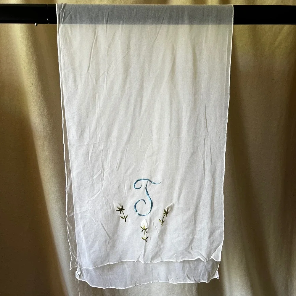 Vintage Bridal Scarf White Sheer Rayon Floral Embroidered Japan‎ 15x50